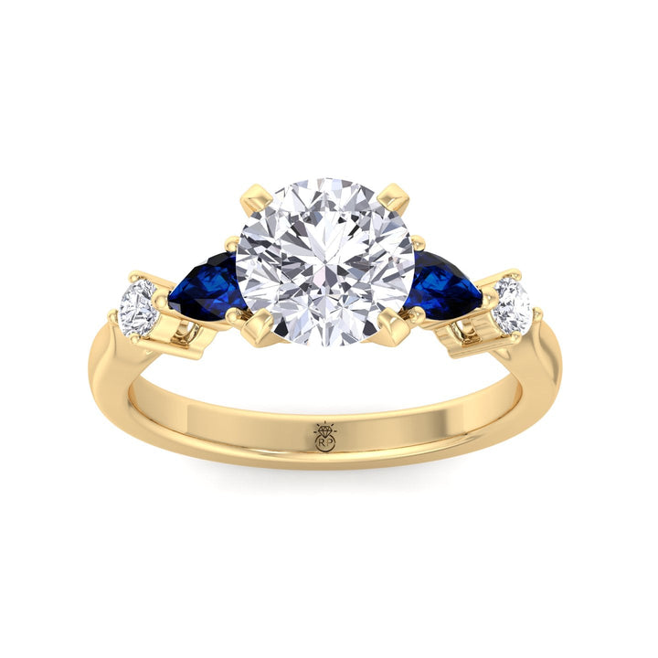 Round Cut Engagement Ring with Blue Sapphire Pear Shape Sidestones