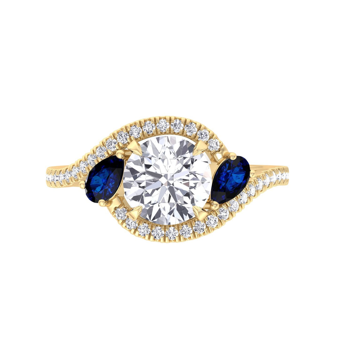 Round Cut Engagement Ring with Halo &amp; Blue Sapphire Pear Shape Sidestones