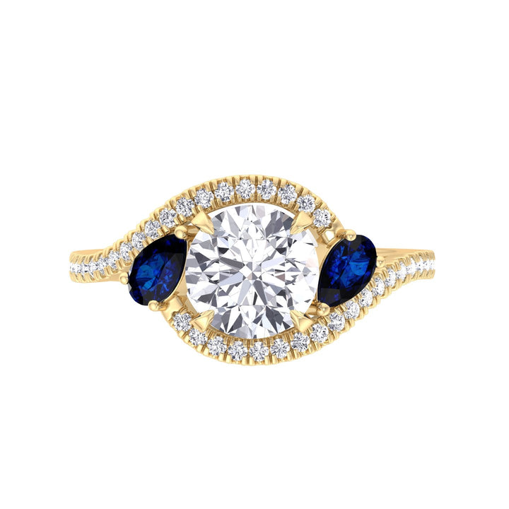 Round Cut Engagement Ring with Halo &amp; Blue Sapphire Pear Shape Sidestones