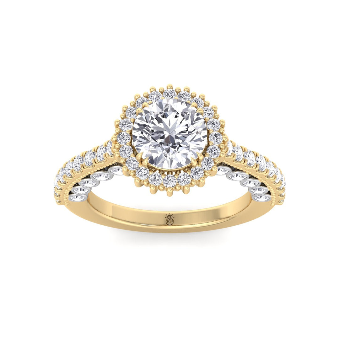 Round Cut  Engagement Ring with Round Cut Halo and Milligrain in Two-Toned Band