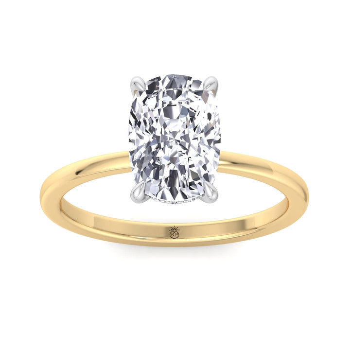 Two Tone Elongated Cushion Cut Engagement Ring with Thin Band and Hidden Halo