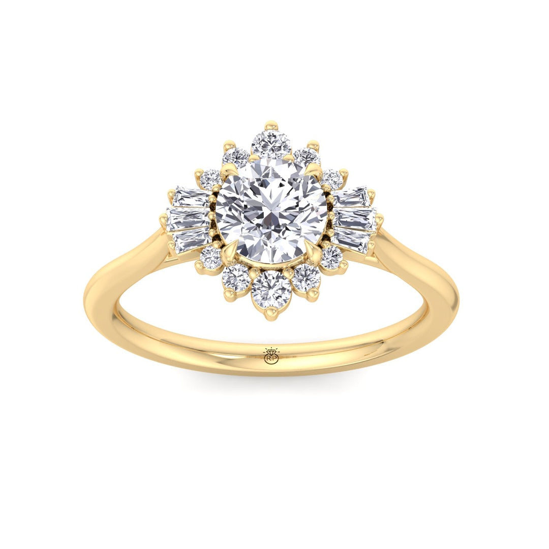 Round Cut Engagement Ring with Round and Tapered Baguette Cluster