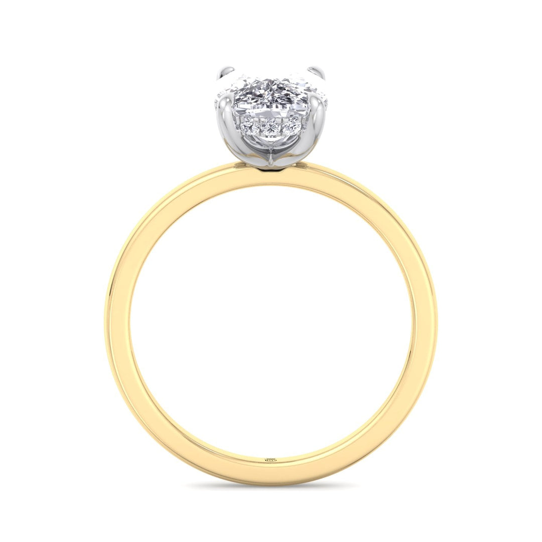 Two Tone Elongated Cushion Cut Engagement Ring with Thin Band and Hidden Halo