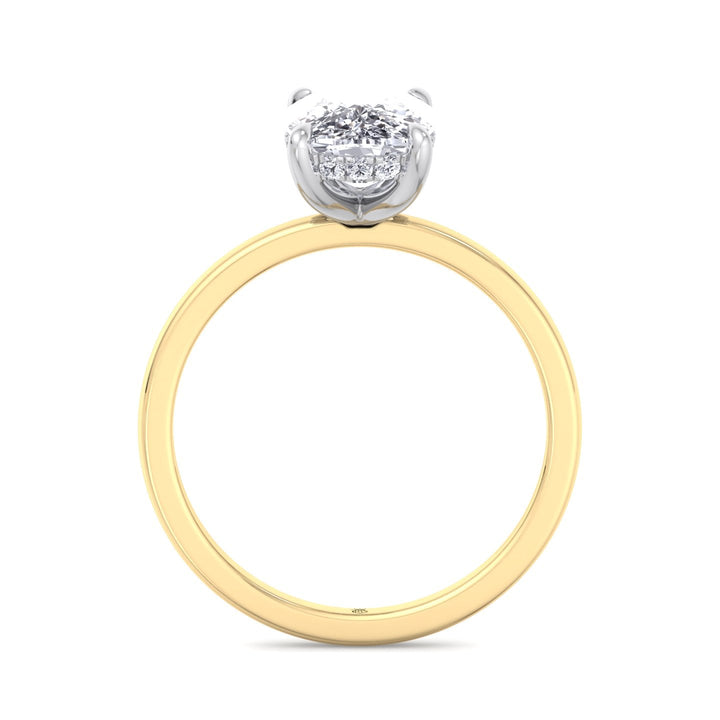Two Tone Elongated Cushion Cut Engagement Ring with Thin Band and Hidden Halo