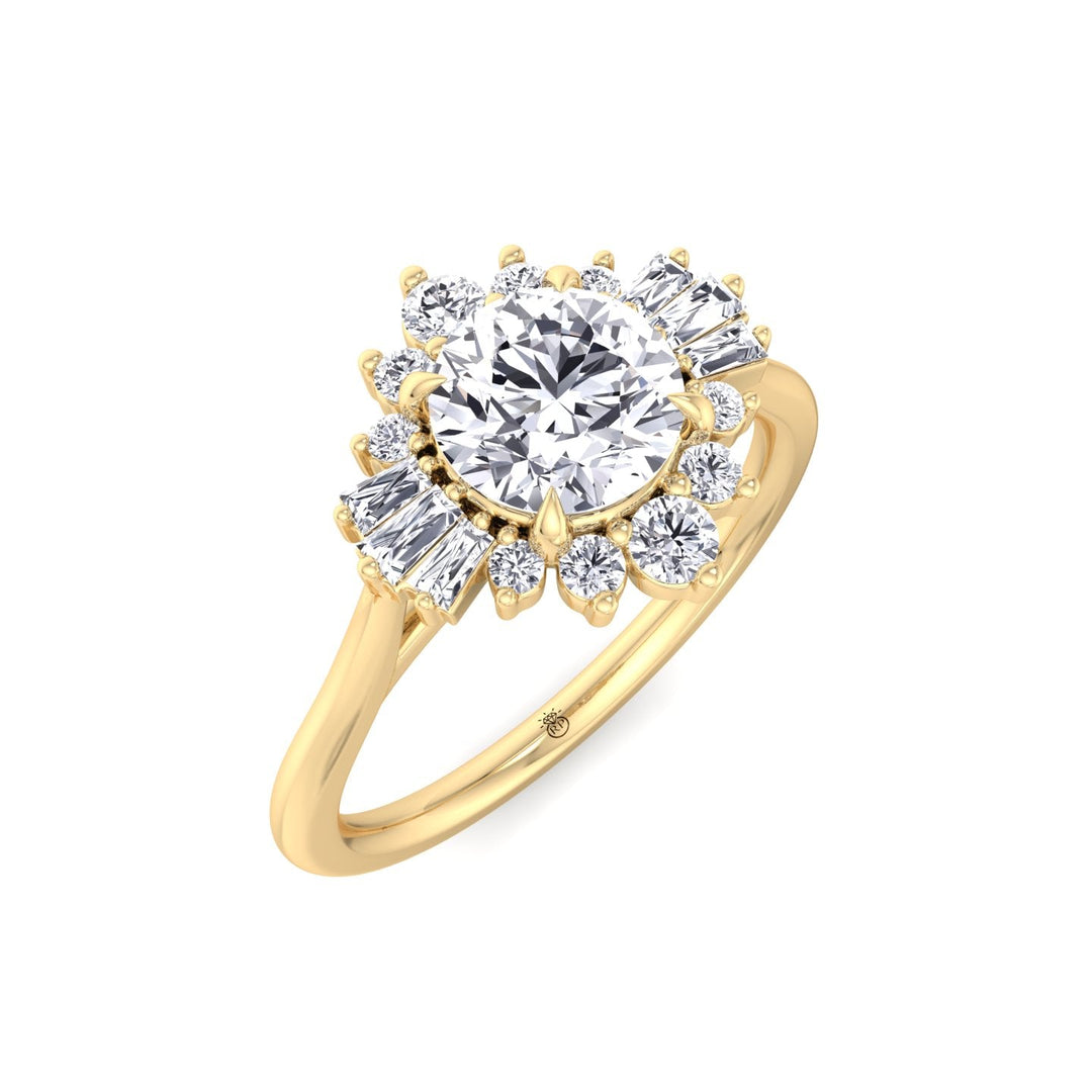 Round Cut Engagement Ring with Round and Tapered Baguette Cluster
