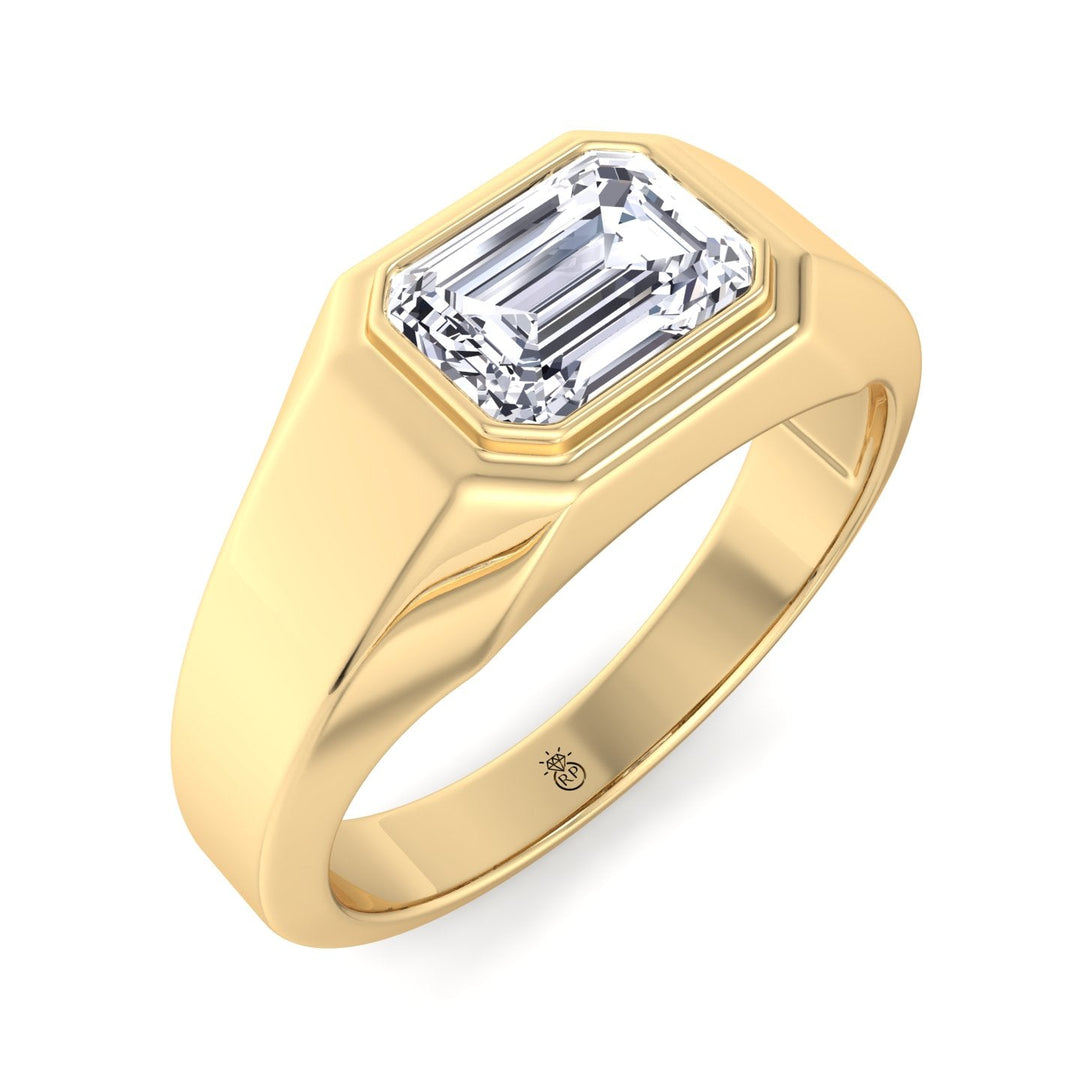 Bezel Set Unisex East To West Emerald Cut Engagement Ring