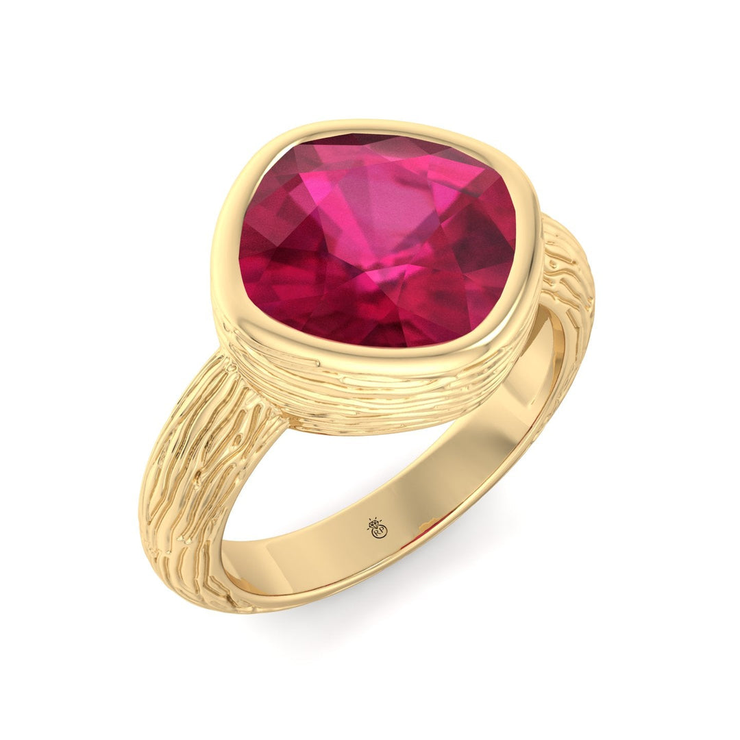 Cushion Cut Ruby Solitaire Hand Engraved Engagement Ring