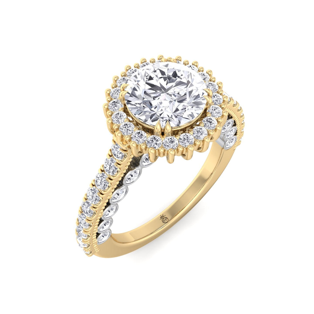 Round Cut  Engagement Ring with Round Cut Halo and Milligrain in Two-Toned Band