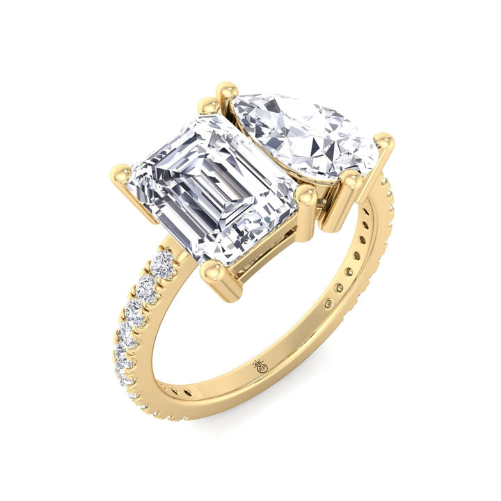 Toi Et Moi Emerald &amp; Pear Shape Engagement Ring with Pave Band