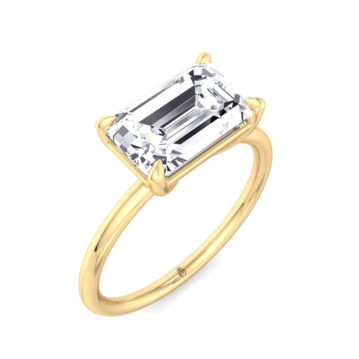 East To West Emerald Cut Solitaire Engagement Ring with Thin Band