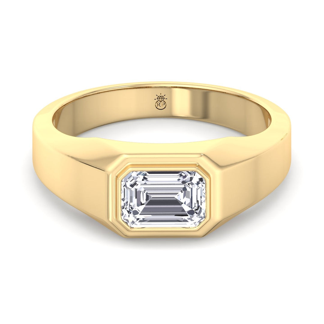 Bezel Set Unisex East To West Emerald Cut Engagement Ring