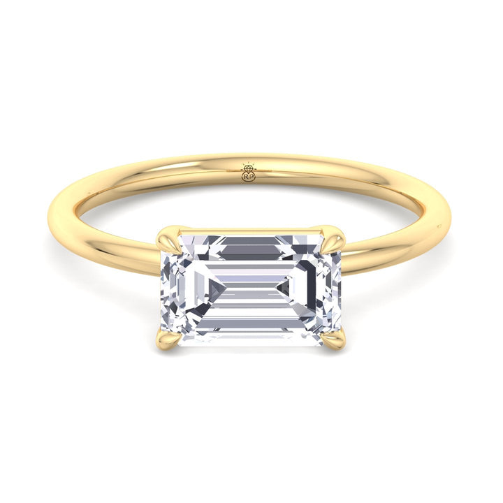 East To West Emerald Cut Solitaire Engagement Ring with Thin Band