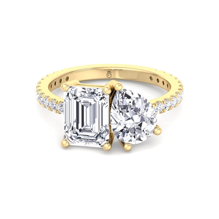 Toi Et Moi Emerald &amp; Pear Shape Engagement Ring with Pave Band