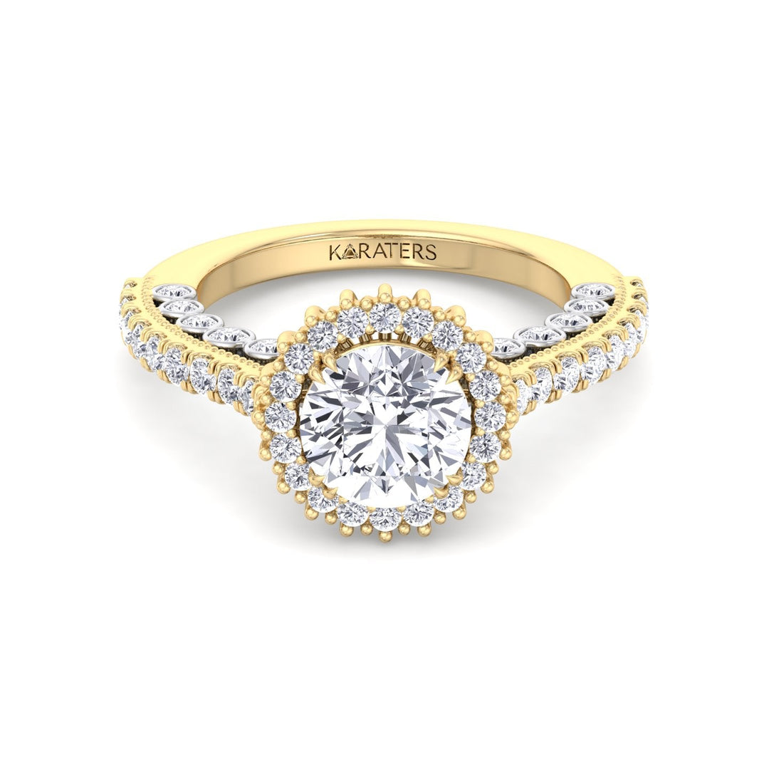 Round Cut  Engagement Ring with Round Cut Halo and Milligrain in Two-Toned Band