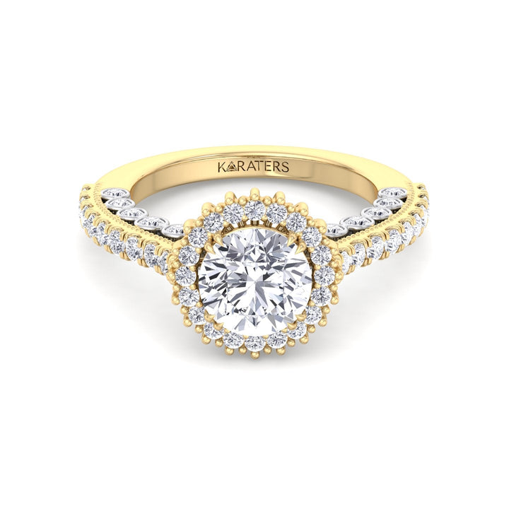 Round Cut  Engagement Ring with Round Cut Halo and Milligrain in Two-Toned Band