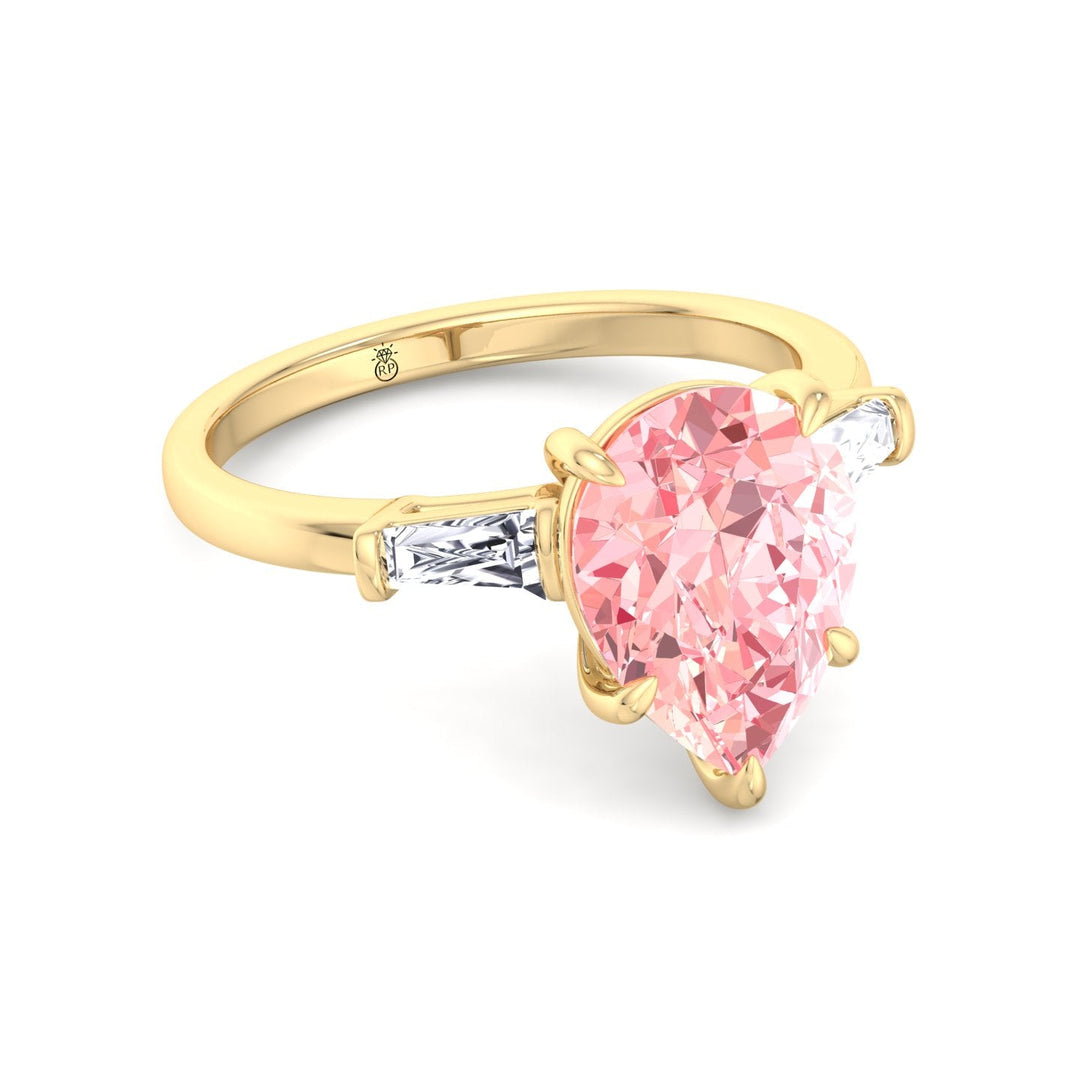 Pear Shape Pink Engagement Ring with Tapered Baguettes