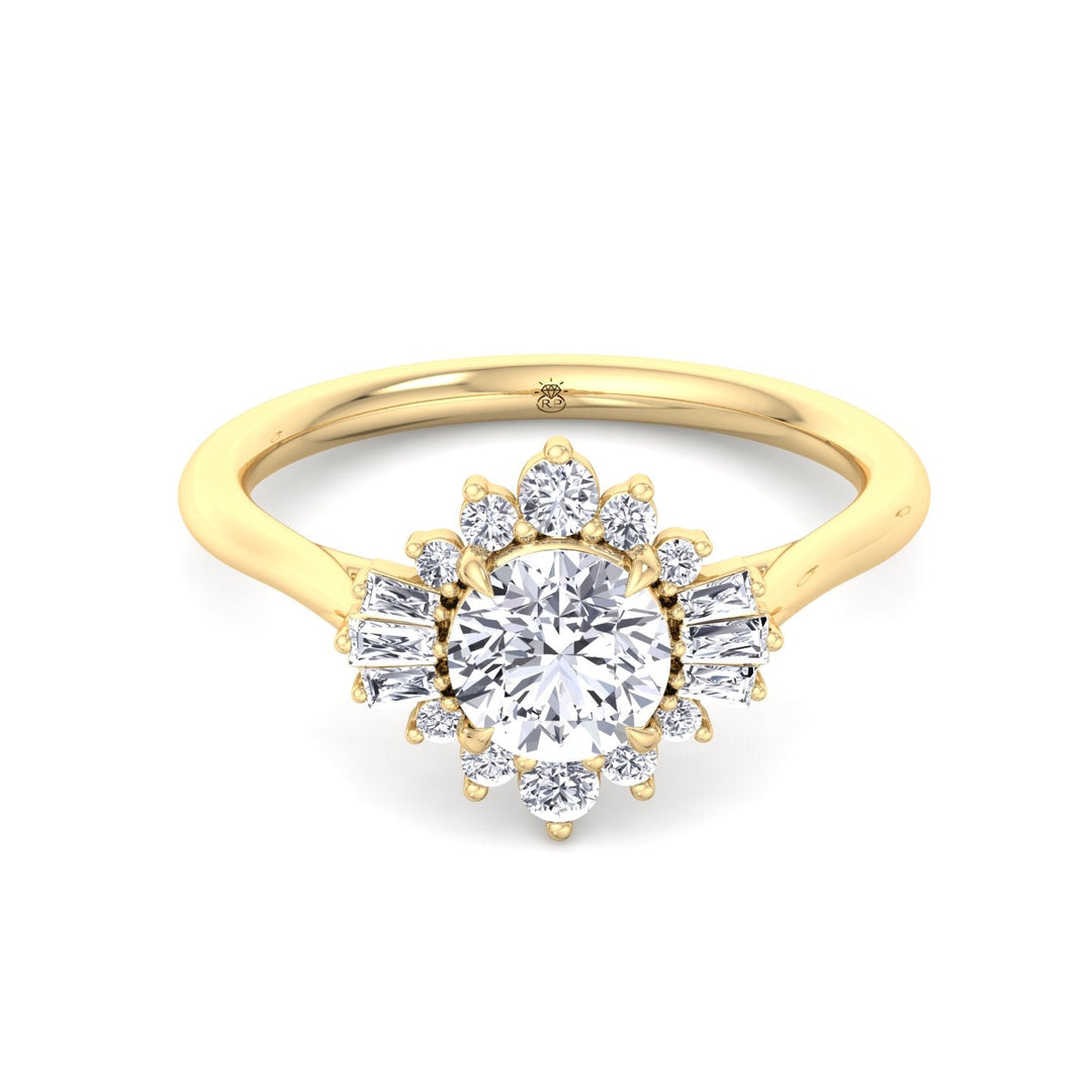 Round Cut Engagement Ring with Round and Tapered Baguette Cluster