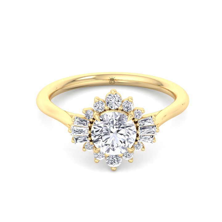 Round Cut Engagement Ring with Round and Tapered Baguette Cluster