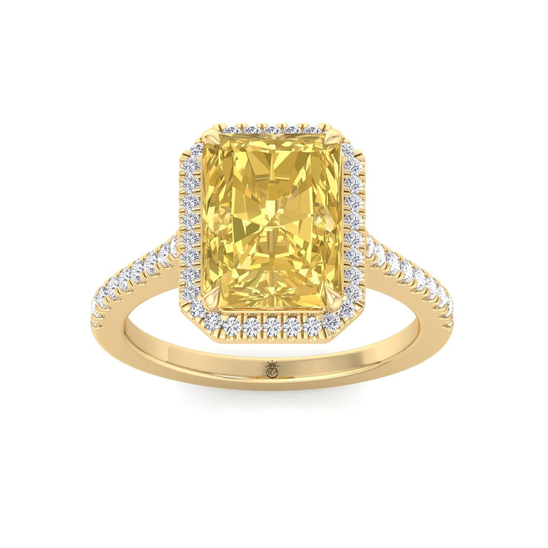 Radiant Cut Canary Yellow Engagement Ring With Pave Band and Halo