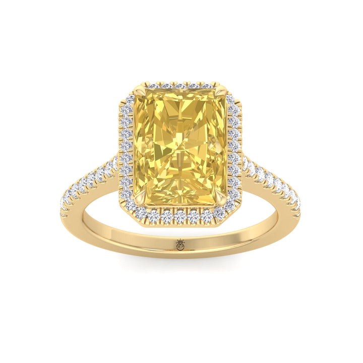 Radiant Cut Canary Yellow Engagement Ring With Pave Band and Halo