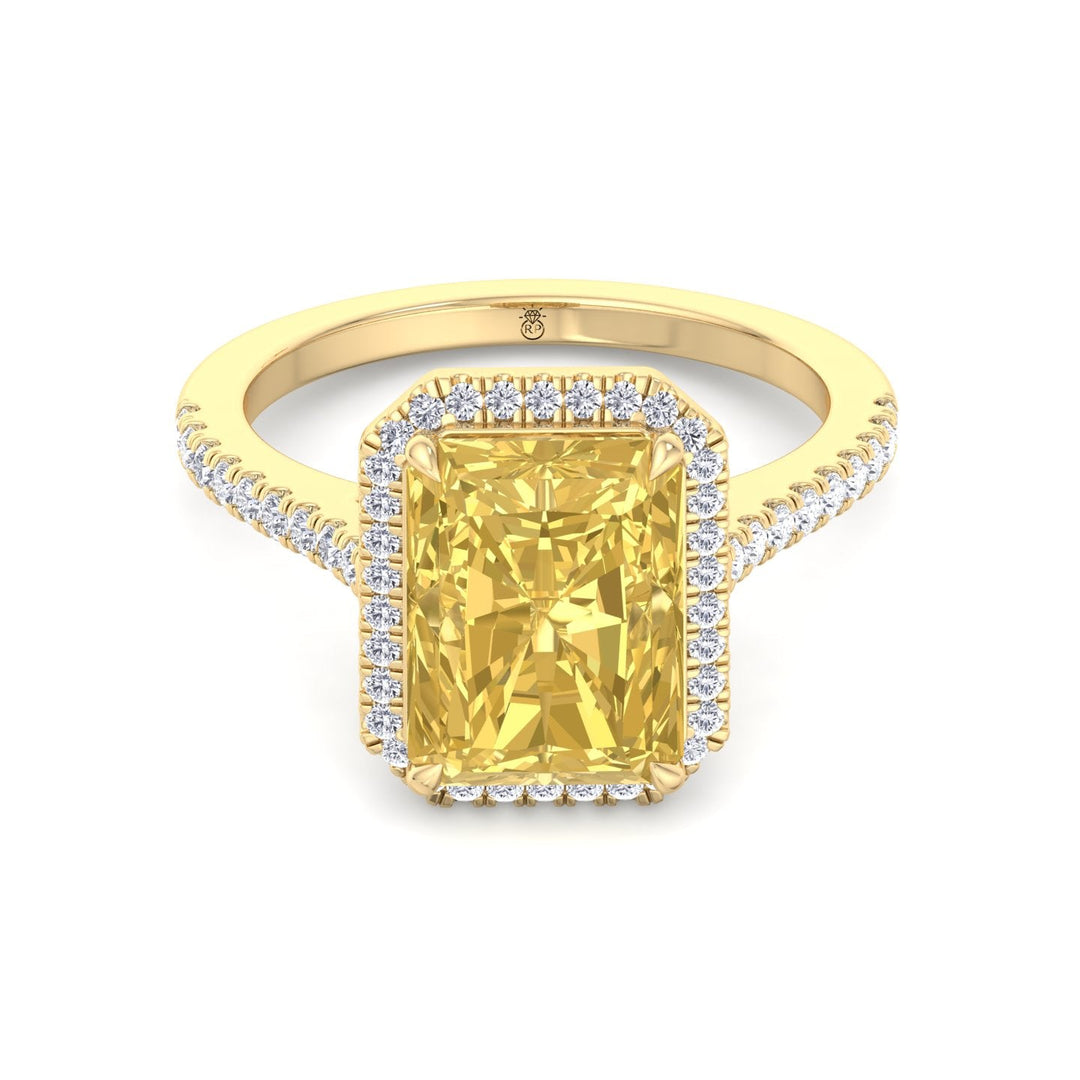 Radiant Cut Canary Yellow Engagement Ring With Pave Band and Halo
