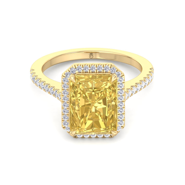 Radiant Cut Canary Yellow Engagement Ring With Pave Band and Halo
